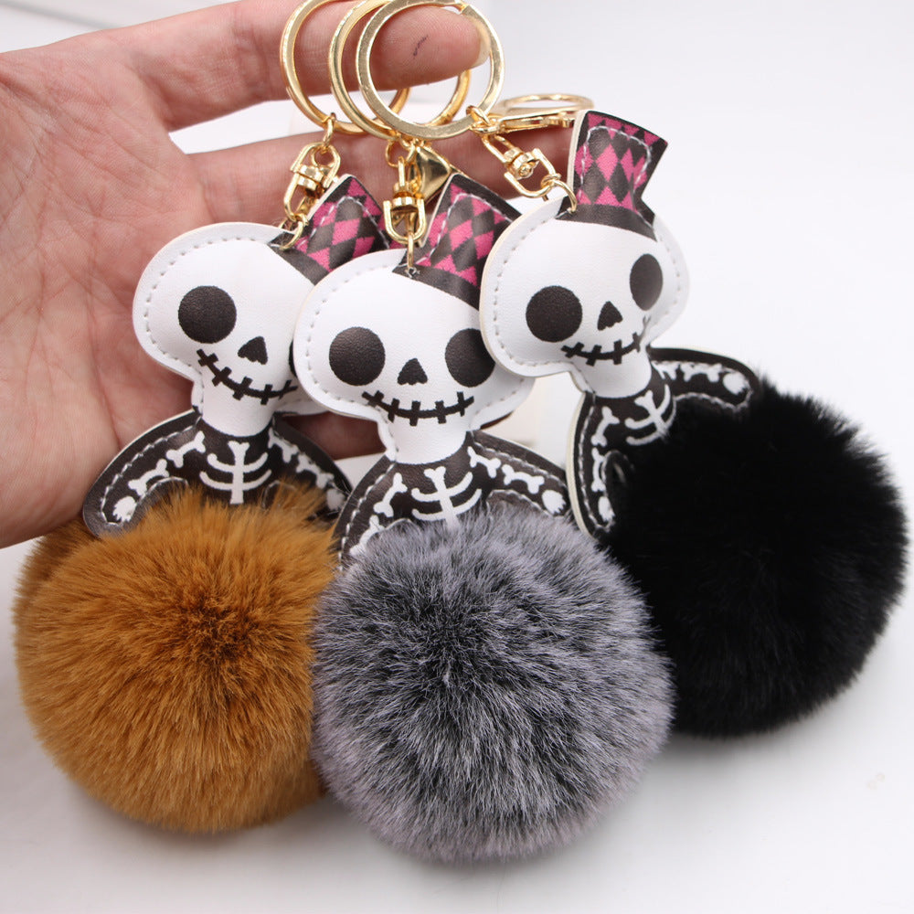 Wholesale Halloween Leather Skull Fur Ball Keychain